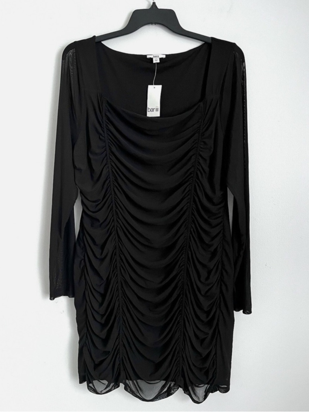 Bar III Black Ruched Scoop-Neck Long-Sleeve Dress